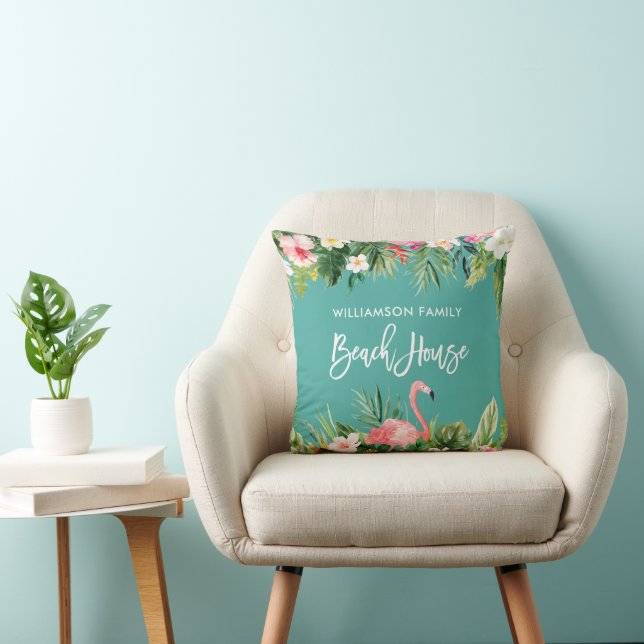 Tropical Floral Brush Script Family Beach House Throw Pillow (Chair)