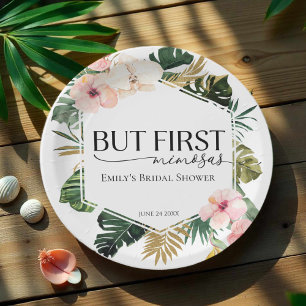 Tropical Floral But First Mimosas Bridal Shower Paper Plates