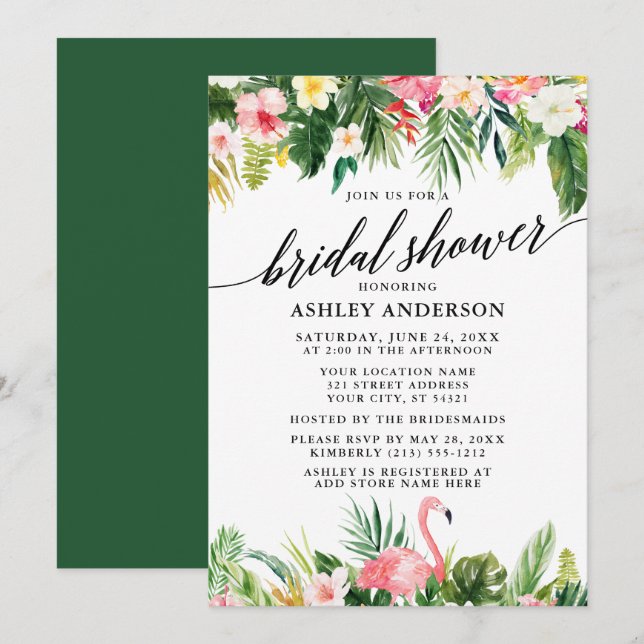 Tropical Floral Calligraphy Bridal Shower Green Invitation (Front/Back)
