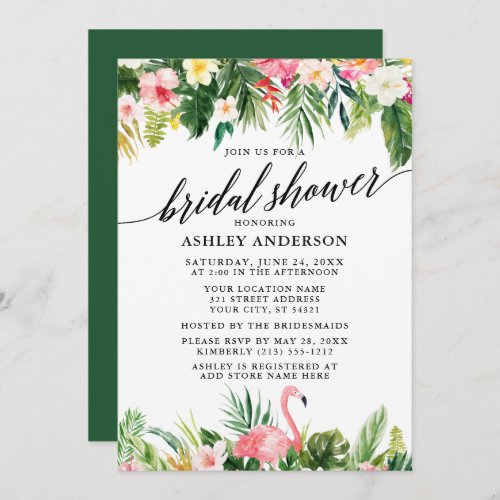 Tropical Floral Calligraphy Bridal Shower Green Invitation