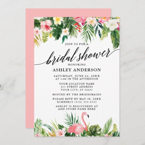 Tropical Floral Calligraphy Bridal Shower Pink Invitation