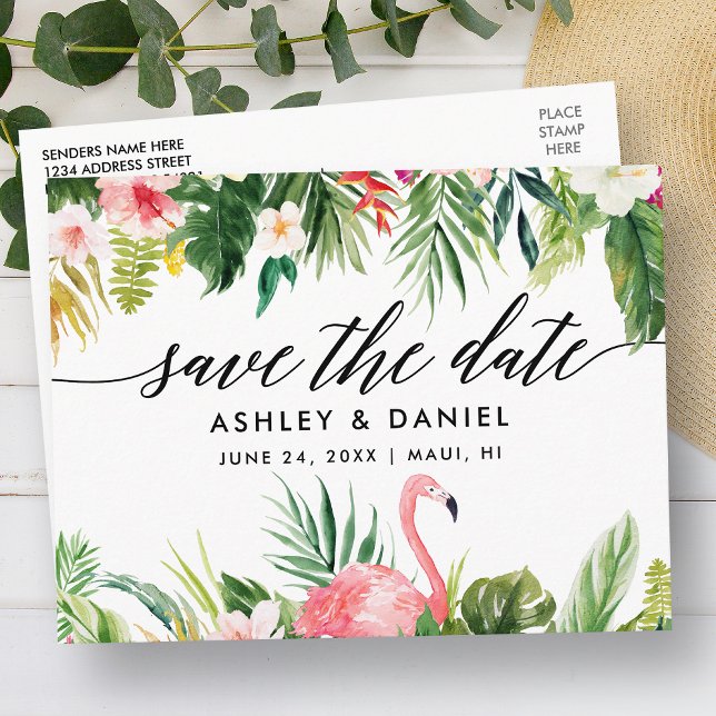 Tropical Floral Calligraphy Save The Date Postcard (Customize to change your personalized text size or text style.)