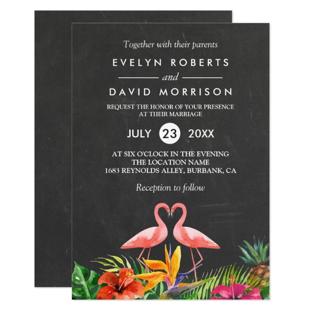 Tropical Floral Chalkboard Flamingo Formal Wedding Invitation