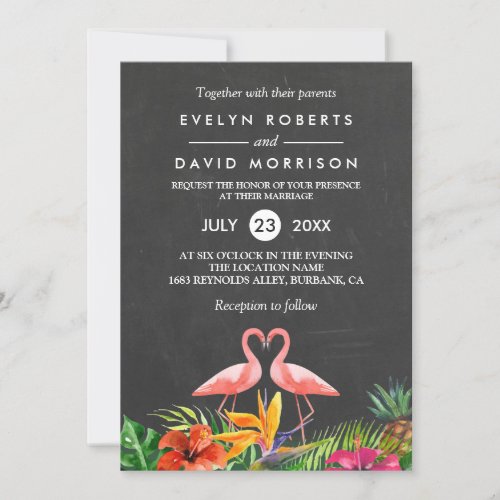 Tropical Floral Chalkboard Flamingo Formal Wedding Invitation