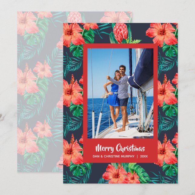 Tropical Floral Christmas Photo Holiday Card (Front/Back)