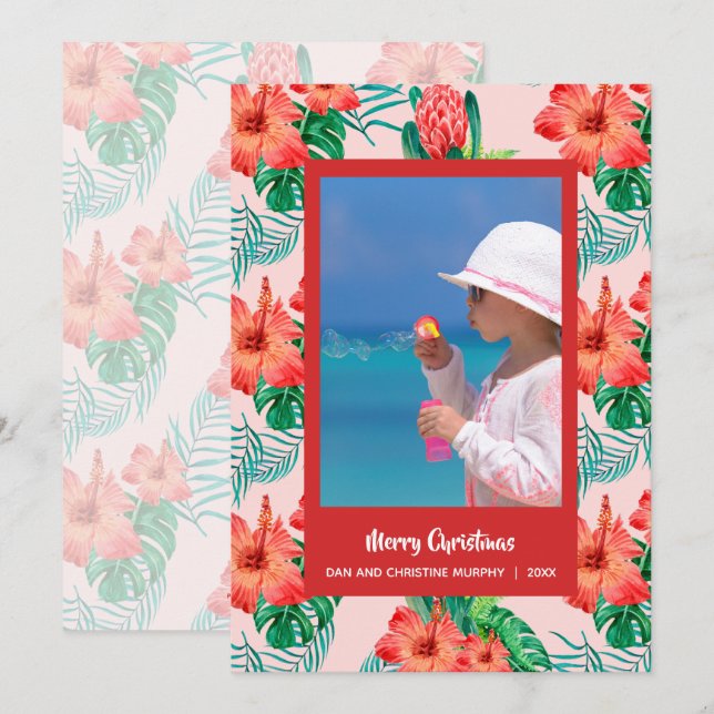 Tropical Floral Christmas Photo Holiday Card (Front/Back)