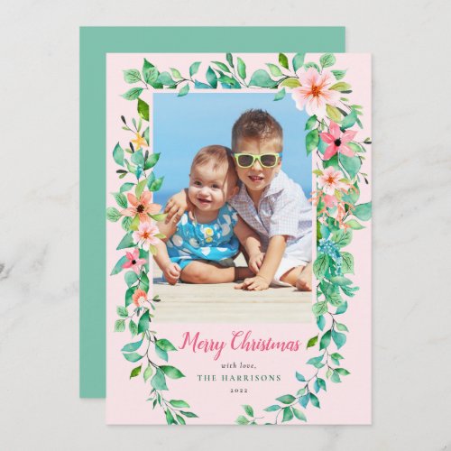 Tropical Floral Christmas Pink Photo Holiday Card