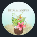 Tropical Floral Coconut Palm Wedding Seals Sticker<br><div class="desc">Put a stylish finishing touch on your mailings with these tropical round envelope seals featuring your names and a watercolor hibiscus flower and palm leaves floral bouquet inside a coconut on sparkling gold sand. Great for beach and destination wedding invitations & favors, tropical and luau themed events, or just for...</div>