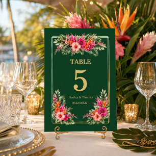 Tropical Floral Colorful Hibiscus & Greenery Table Number