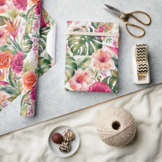 Tropical Floral Colorful | Hibiscus & Greenery Wrapping Paper