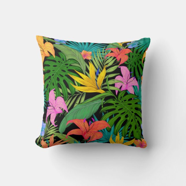Tropical Floral Colorful Leaves Throw Pillow (Front)