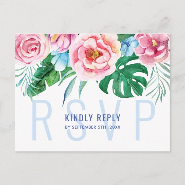 Tropical Floral Colorful Palm Leaves Wedding RSVP Postcard (Front)