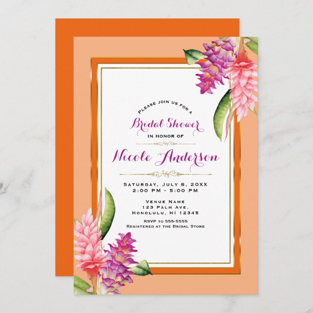 Tropical Floral Coral Orange & Gold Bridal Shower Invitation (Front/Back)