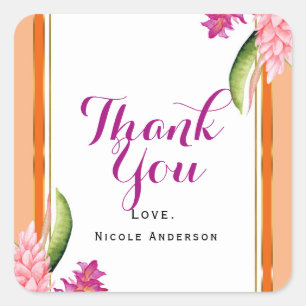 Tropical Floral Coral Orange & Gold Party Favor Square Sticker