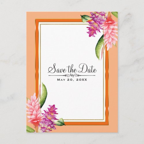 Tropical Floral Coral Orange  Gold Save the Date Announcement Postcard