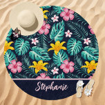 Tropical Floral Custom Name Navy Beach Towel<br><div class="desc">Escape to a tropical paradise with this vibrant floral beach towel, personalized with your name! Featuring lush green monstera leaves, pink hibiscus flowers, and bright yellow lilies on a deep navy background, this towel brings a touch of island beauty wherever you go. Perfect for beach days, poolside relaxation, or summer...</div>