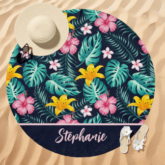 Tropical Floral Custom Name Navy Beach Towel