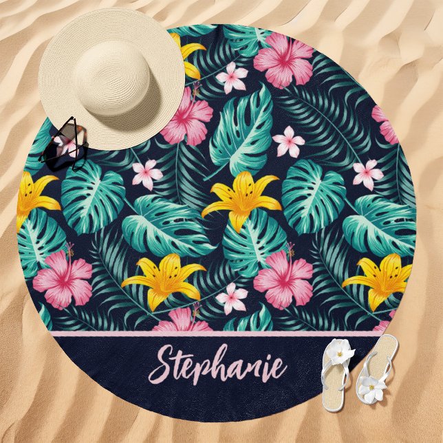 Tropical Floral Custom Name Navy Beach Towel (Creator Uploaded)