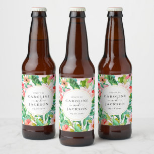 Tropical Floral Custom Wedding Beer Bottle Label