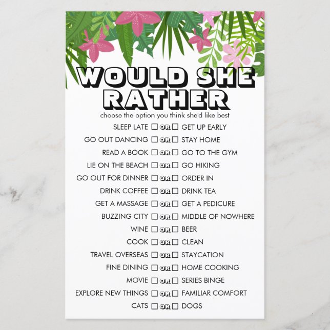 Tropical Floral Customisable Would She Rather Game (Front)