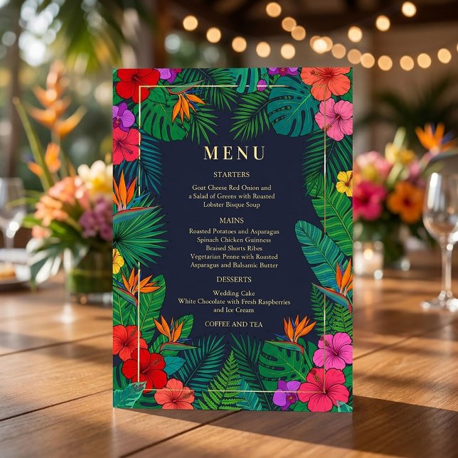 Tropical Floral Design | Hibiscus & Greenery Menu Invitation (#tropicalwedding #weddingdinner#hibiscus #beachwedding #destinationwedding #floralimenu)