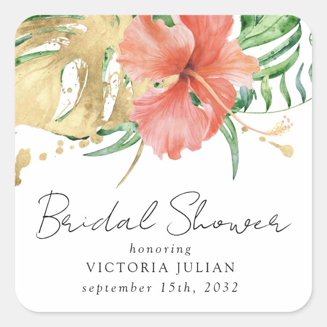Tropical Floral Destination Wedding Bridal Shower Square Sticker (Front)