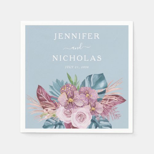 Tropical Floral Dusty Blue Pink Wedding  Napkins