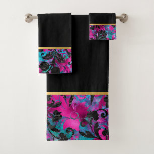 TROPICAL FLORAL ELEGANCE BLACK BATHROOM TOWEL SET
