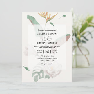 Tropical Floral Elegant Budget QR Code Wedding Invitation