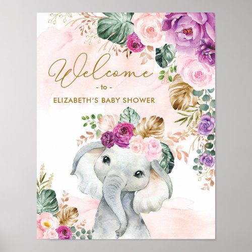 Tropical Floral Elephant Baby Shower Welcome Poster
