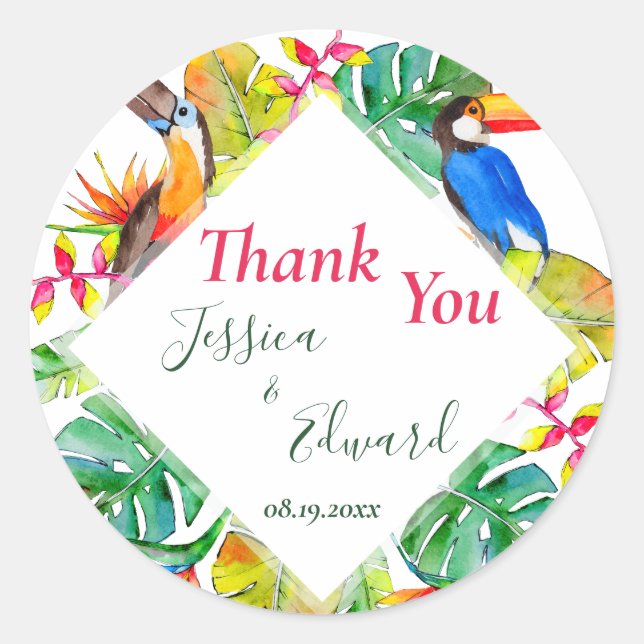 Tropical Floral Exotic Luau Wedding Thank You Classic Round Sticker (Front)