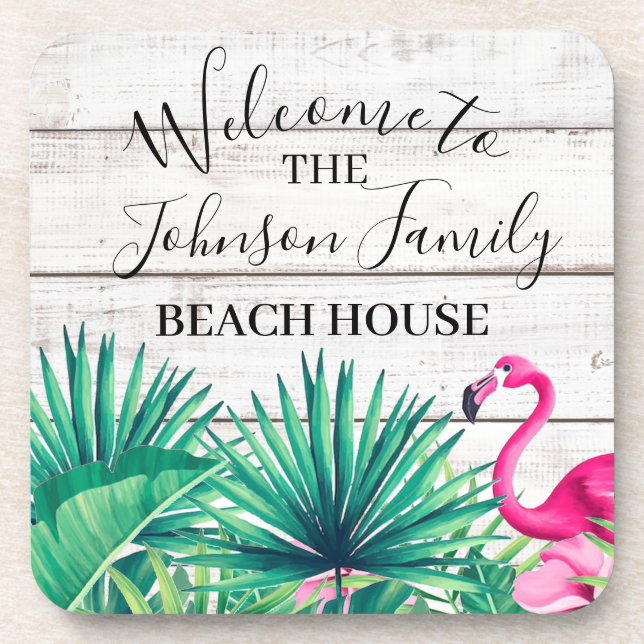 Tropical Floral Family Name Beach House  welcome   Beverage Coaster (Front)