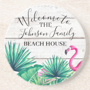 Tropical Floral Family Name Beach House Welcome  Coaster
