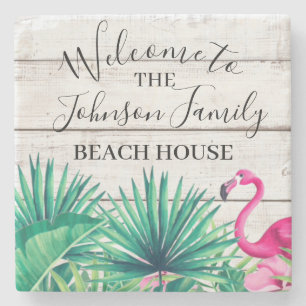 Tropical Floral Family Name Beach House  welcome   Stone Coaster