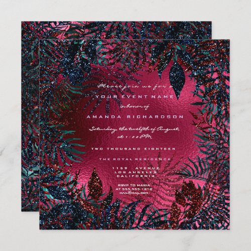 Tropical Floral Fern Leafs Framed Beetroot Navy Invitation