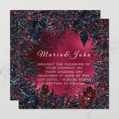 Tropical Floral Fern Leafs Framed Burgundy BluNavy Invitation