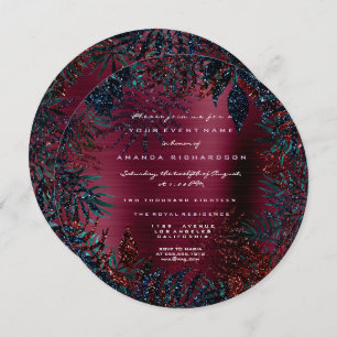 Tropical Floral Fern Leafs Framed Burgundy Glitter Invitation
