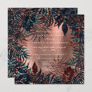 Tropical Floral Fern Leafs Framed Copper Teal Navy Invitation