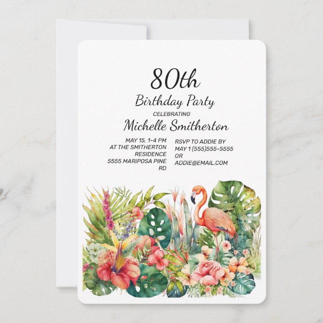 Tropical Floral Flamingo 80th Birthday  Invitation (Front)