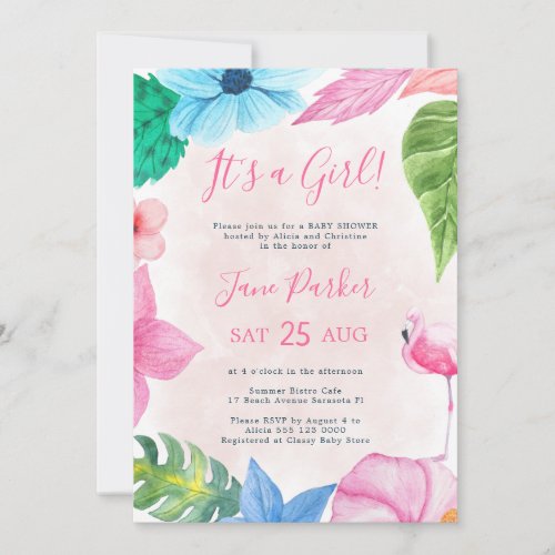 Tropical floral flamingo baby shower invitation