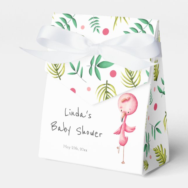 Tropical Floral Flamingo Baby Shower Personalized Favor Boxes (Front Side)