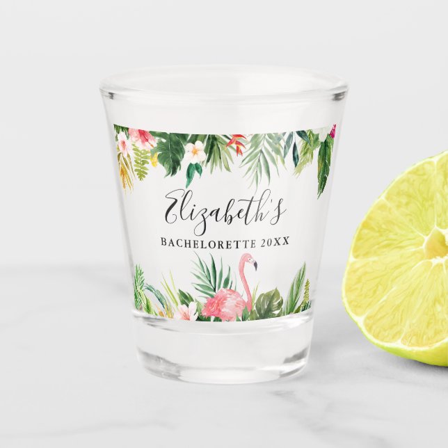 Tropical Floral Flamingo Bachelorette Party Shot Glass (Front)