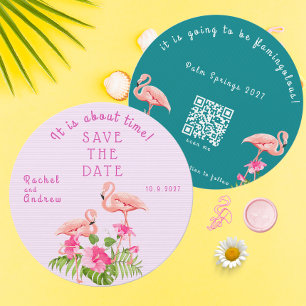 Tropical Floral Flamingo Bold Pink Green Wedding Save The Date