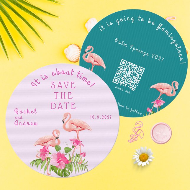 Tropical Floral Flamingo Bold Pink Green Wedding  Save The Date (Tropical Floral Flamingo Bold Pink Green Wedding Save The Date)