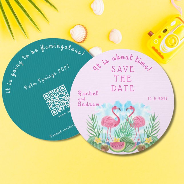 Tropical Floral Flamingo Bold Pink Green Wedding  Save The Date (Tropical Floral Flamingo Bold Pink Green Wedding Save The Date)