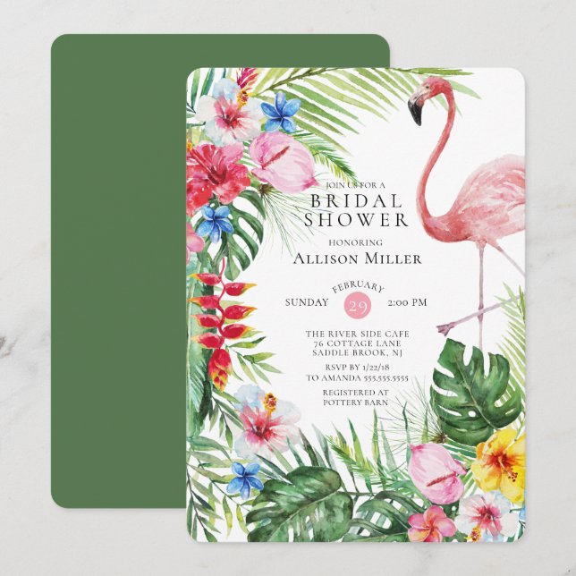 Tropical Floral Flamingo Bridal Shower Invitation (Front/Back)