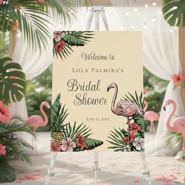 Tropical Floral Flamingo Bridal Shower Sign (Tropical Pink Flamingo Bridal Shower Welcome Sign for Her for Hawaiian Theme Summer Wedding or Luau.)