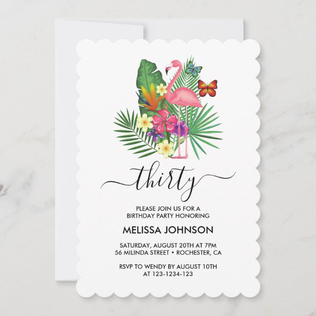 Tropical Floral Flamingo Butterflies 30th Birthday Invitation (Front)