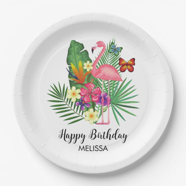 Tropical Floral Flamingo Butterflies Birthday Paper Plates (Front)