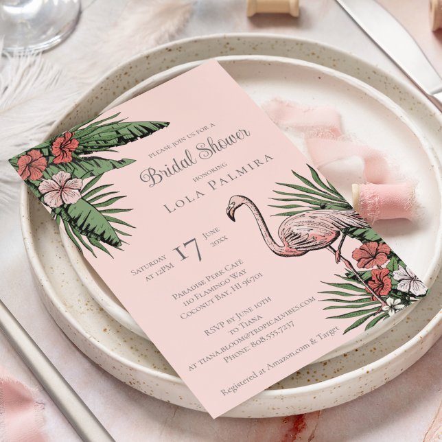 Tropical Floral Flamingo Coral Bridal Shower Invitation (Elegant Tropical Bridal Shower Design. Hand-Drawn Pink Flamingo, Hibiscus Flowers, Tropical Greenery)